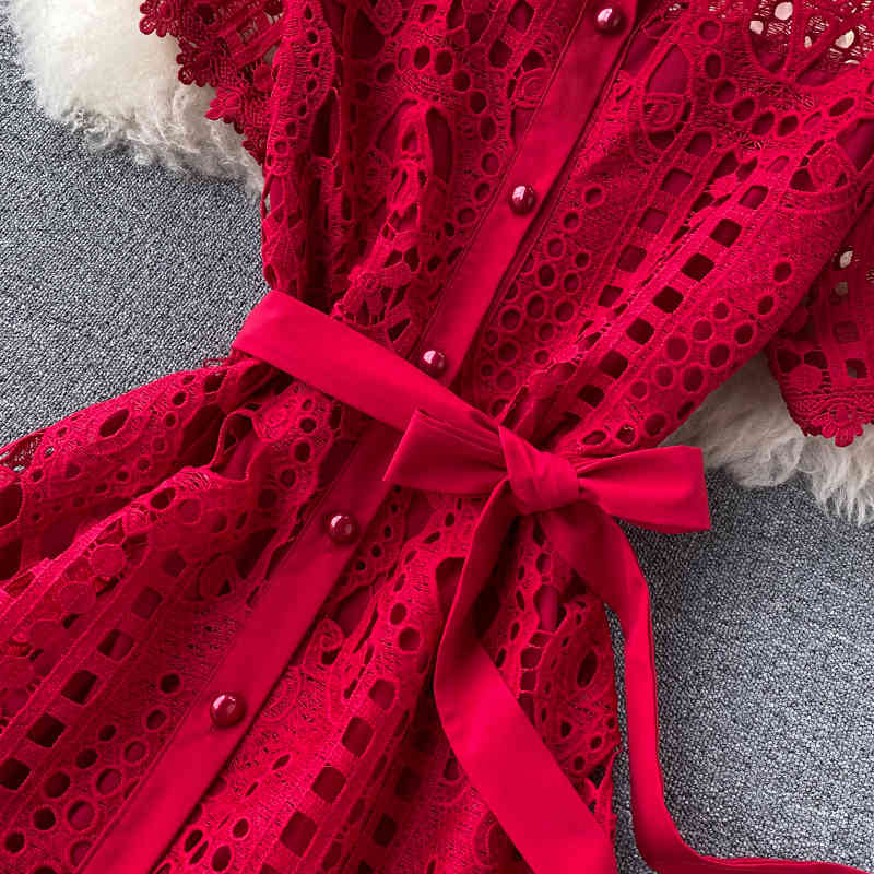 LoveFlowerLife Solid Lace Evening Party Dress Solid Bandage Hollow Out Sexy Fashion Women Dress Bow High Waist Summer Dresses 210521