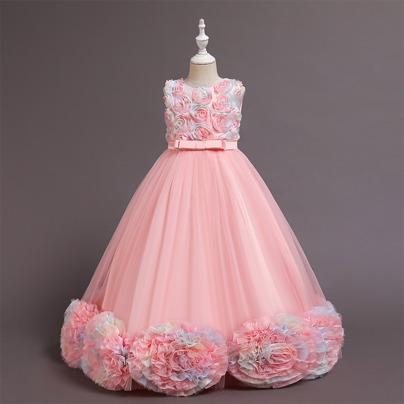 2021 Cute Flower Girl Dresses Jewel Neck 3D Florals Girl Pageant Gown Cascading Ruffle Sweep Train Custom Made Birthday Ball Gowns