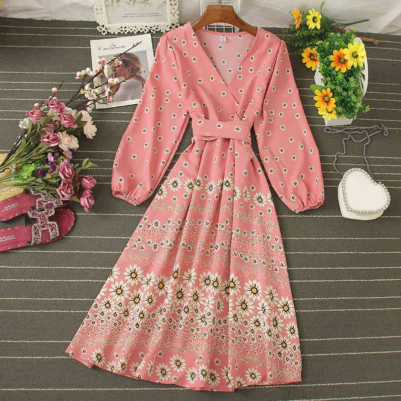 Fashion Ladies Spring Summer Dress Floral Print Bandage V Neck Long Sleeve High Waist Casual 210520, Pink 
Fashion Ladies Spring Summer Dress Floral Print Bandage V Neck Long Sleeve High Waist Casual 210520, Pink