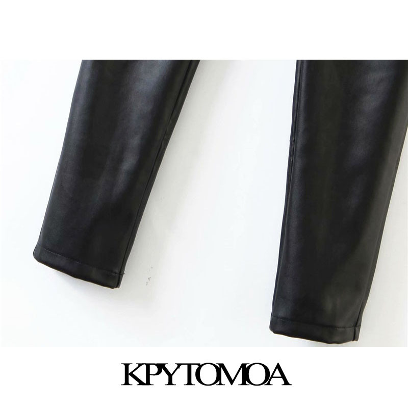 Women Chic Fashion PU Faux Leather Skinny Pants High Waist Side Zipper Stretchy Slim Female Ankle Trousers 210420