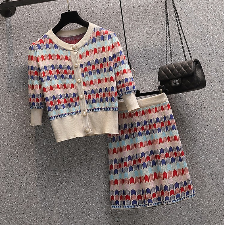Fashion Knitted Sweater Skirt Two piece set Women's Casual Elegant Single-Breasted Cardigan + A-line Mini Skirts Outfits 210519