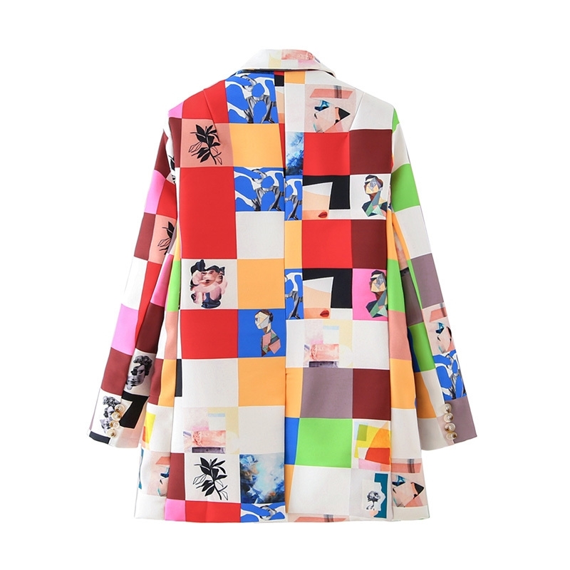 fashion women abstract art blazer office ladies pocket jackets casual female plaid long suits print girls chic sets 210430