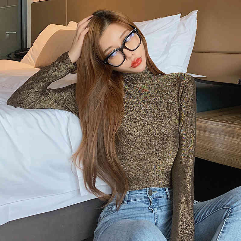 Blusas Mujer Shining Fitness Shirt Women Bright Silk Screen solid Female Autumn Winter Long Sleeves Plus Size 7649 50 210508