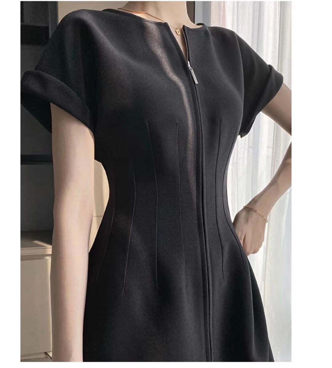 Elegant O-neck Short Sleeve Front Zipper Female Midi Dress Office Ladies Slim Waist Split Women Workwear 210429