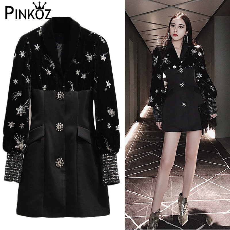Autunm Winter Fashion Embroidery Pactwork Single Breasted Lantern Sleeve Mini Dress Notched Casual Blazers 210421