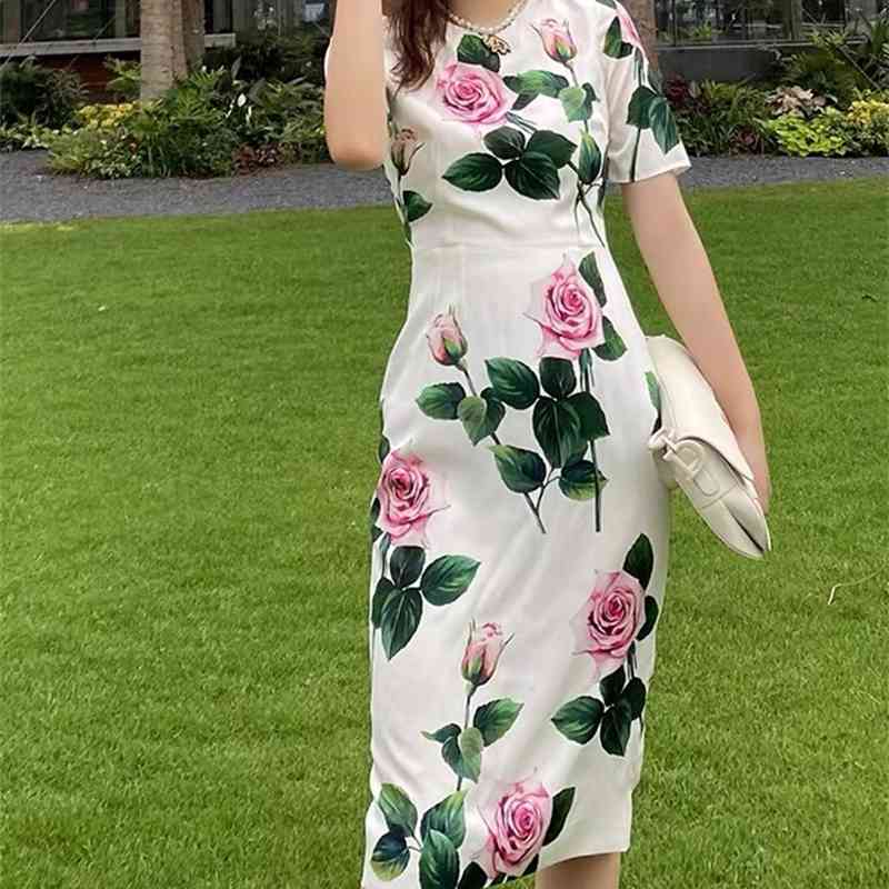 Runway Custom Summer Party Midi Dresses Women's Fashion ONeck Short Sleeve Rose Flower Print White Office Elegant Dress 210421