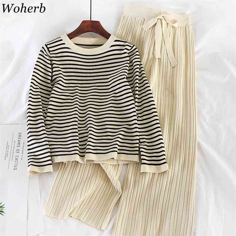 Autumn Winter Women Two Pieces Set Knitted Sweater Pleated Wide Leg Pants Lady Chic Suit Casual Loose 2 Piece Sets 210519