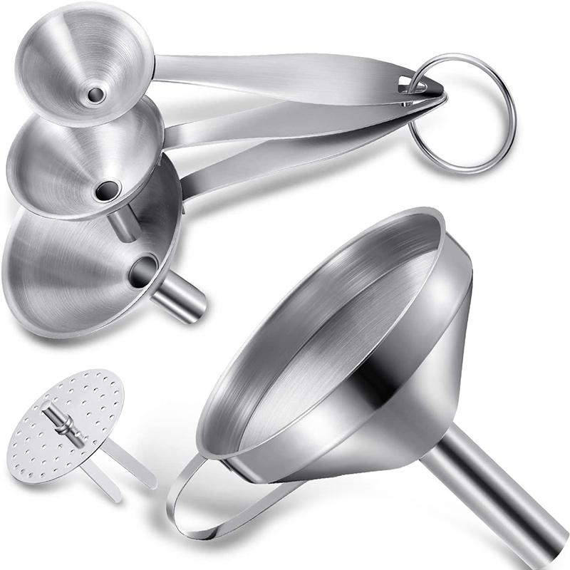 Stainless Steel Kitchen Funnels Set Of 4, With Metal Long Handle, Funnel Removable Strainer Filter Colanders & Strainers