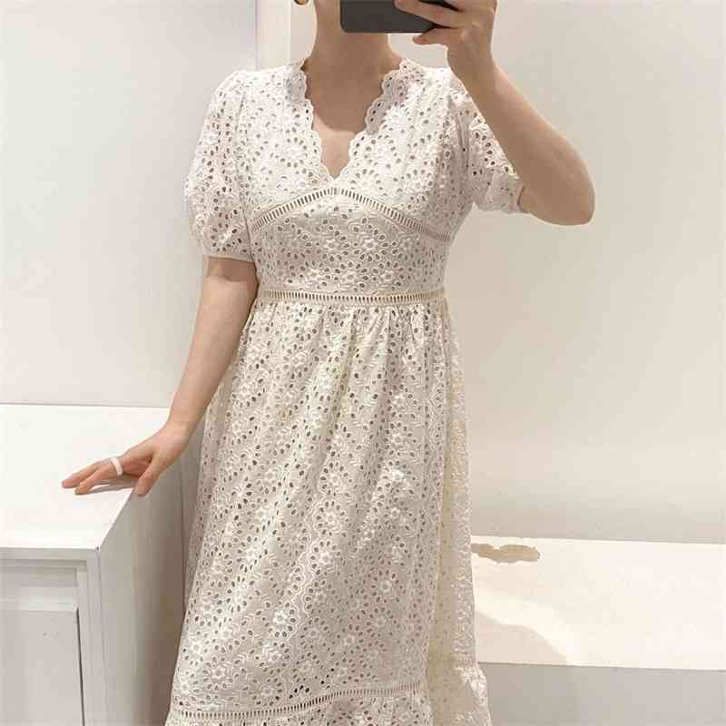 Fashion Korean Chic Style Ladies Maxi Dress Women Lace Hollow Out Embroidery Summer Dresses Vestidos 210520