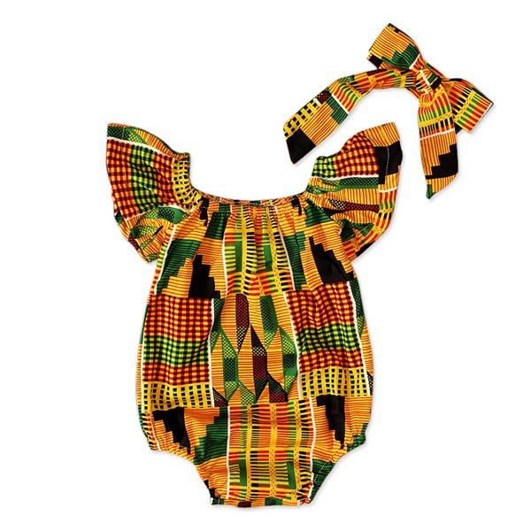 2022 summer toddler girls off the shoulder rompers baby infant african print jumpsuits + headbands bohemian style kids boutique