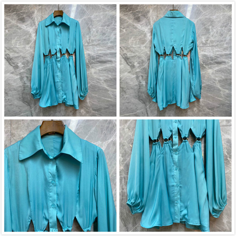 Free Fashion Shirt Dress Women's Blue Lapel Lantern Sleeve Sexy Hollow A Line Club Party Vestidos 210524
