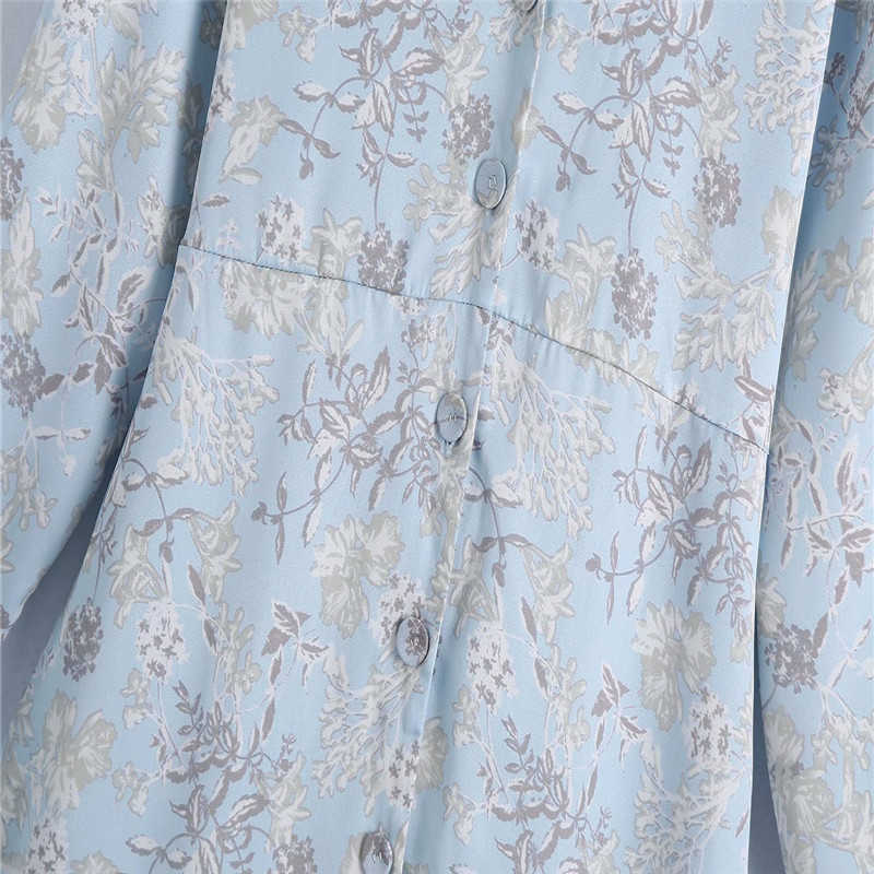Za Print Shirt Dress Women Long Sleeve Knotted Sky Blue Midi Dresses Chic Button Up Side Vents Woman Vintage Summer Dress 210602