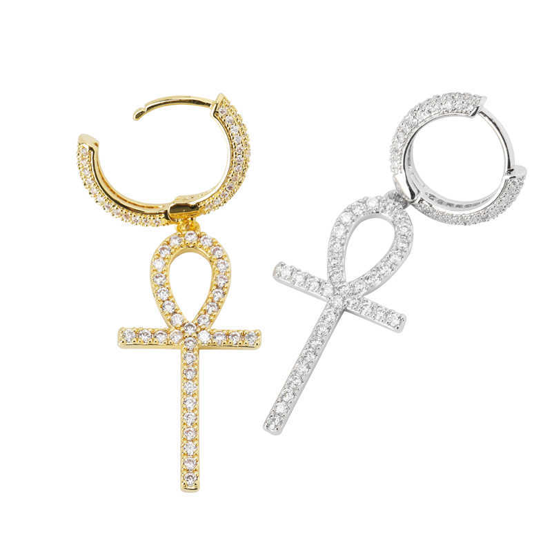 TOPGRILLZ Iced Zircon Ankh Cross Earring Gold Silver Color Micro Paved AAA Bling CZ Stone Earrings For Man Women Hip Hop Jewelry 210616