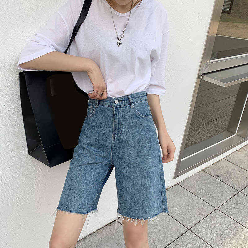 High Waist Slim Denim Shorts Bermuda Plus Size Woman Fashion Tassel Tight Five-point Denim Shorts Washed Sexy Female Summer 210611