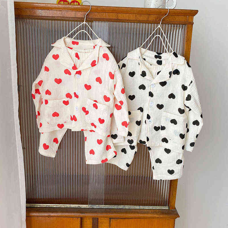 MILANCEL Autumn Kids Pajama Set Heart Print Girls Sleep Cotton Boys Sleepwear Indoor Suit 211130