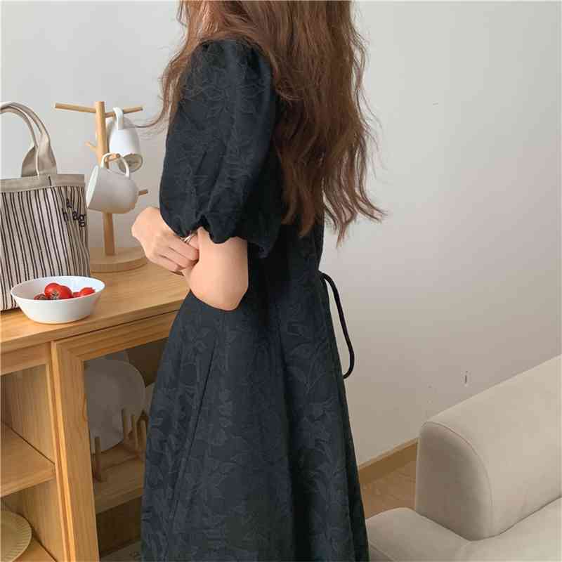 Korean Chic Dress Female Summer Gentle Vintage V-Neck Dark Jacquard Lace-Up Waist Puff Sleeve Party Dress Casual Dress 210515