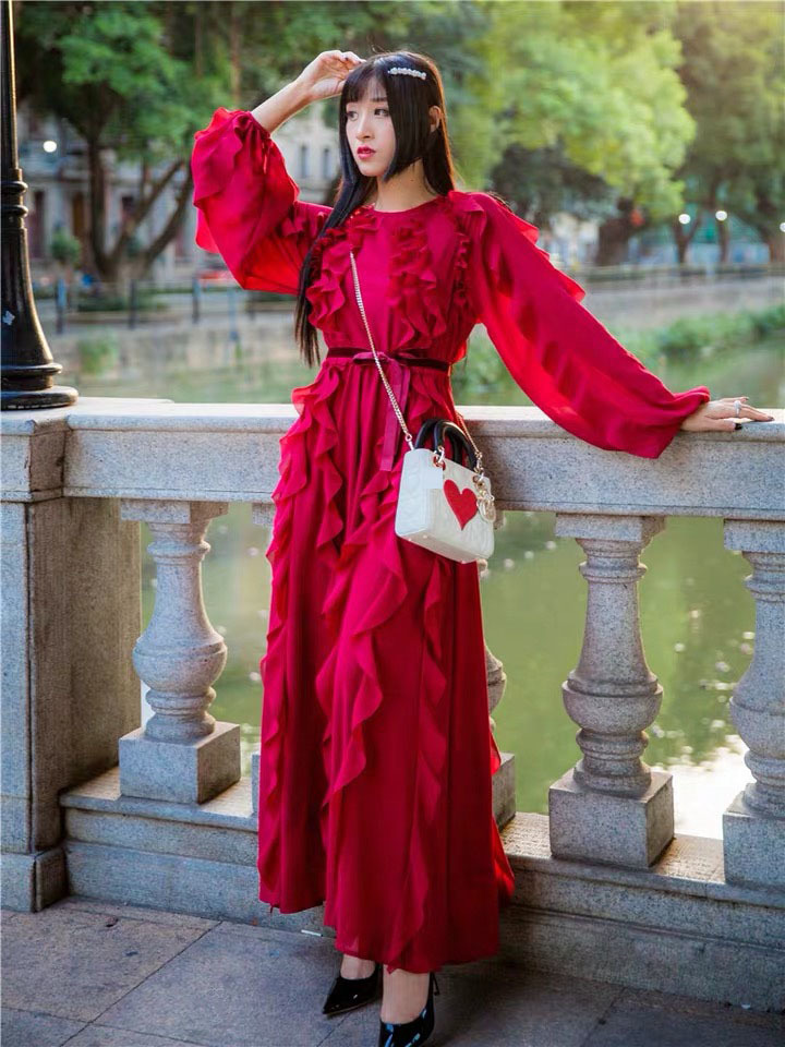 Runway Style Chiffon Dress Spring Autumn Elegant Long Sleeve Women Maxi Evening Party Dess vestidos 210421