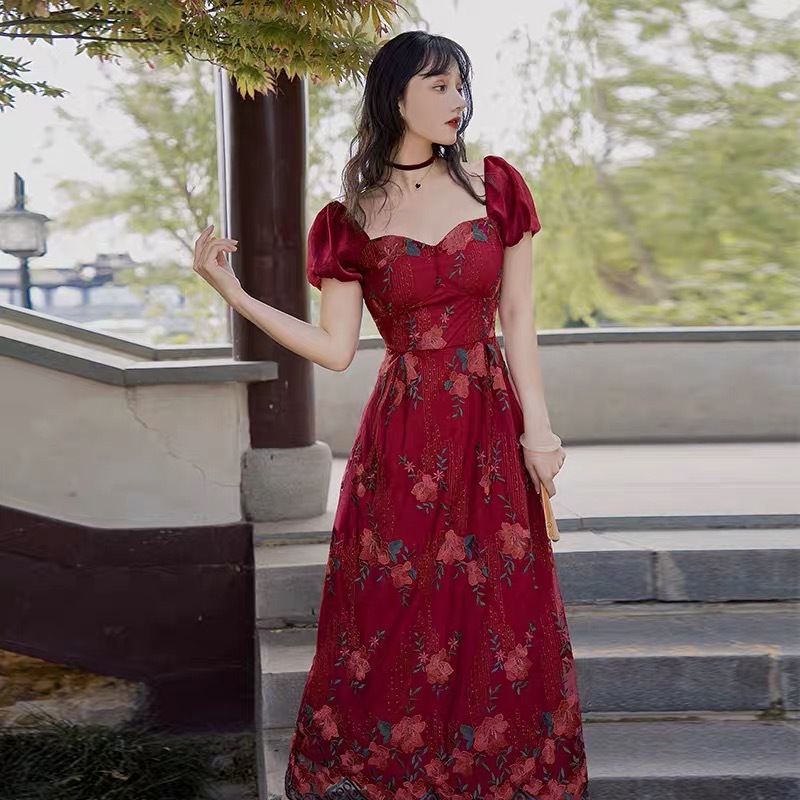 vintage Victorian square collar red embroidery midi A-line dress for women spring summer fashion lady dresses retro 210421