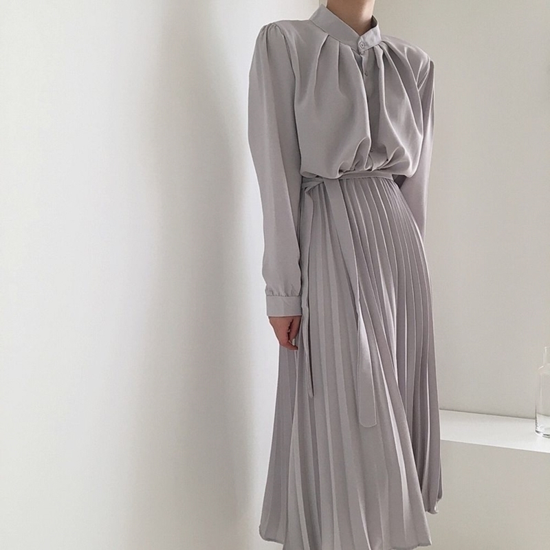 French Style Temperament Long Sleeve Women's Dress with Belt Early Spring Single Breasted Pleated Vestidos 12757 210427