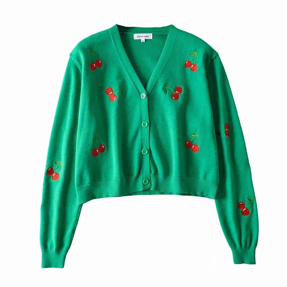 Vintage Cherry embroidery cardigans sweater women korean Women knitted coat 210521