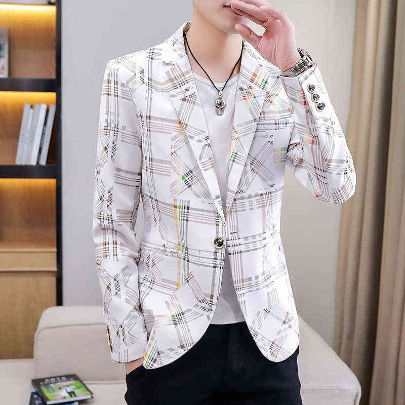 Plaid Blazers Men Slim Fit Business Casual Suit Jacket Korean Wedding Social Office Dress Coat Streetwear Costume Homme 211120