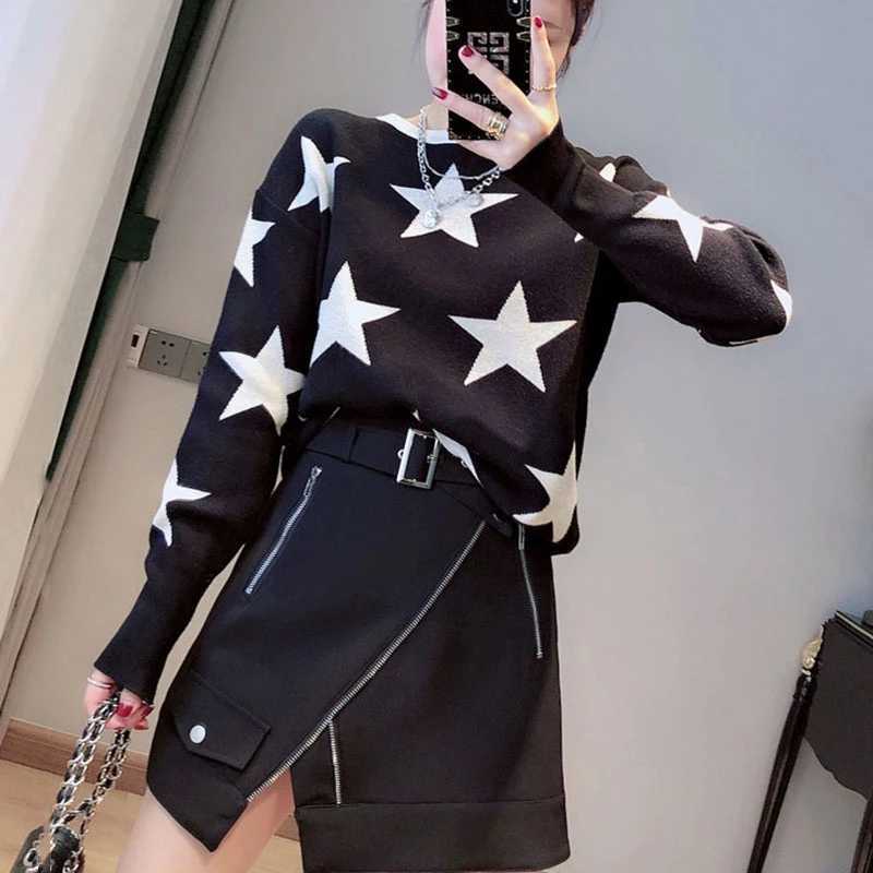 Quality Fall Winter Women's Sweater O-Neck Star Pullover Knitting Sweaters Long Sleeve With Split Casual Jumper C-288 210918