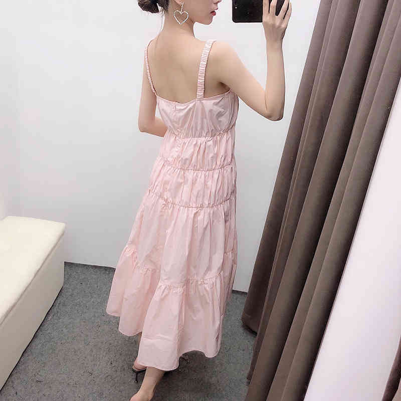 Women Sweet Pink Pleated Midi Dresses Summer Spaghetti Strap Cotton Ruffle Female Sleeveless Party 210515