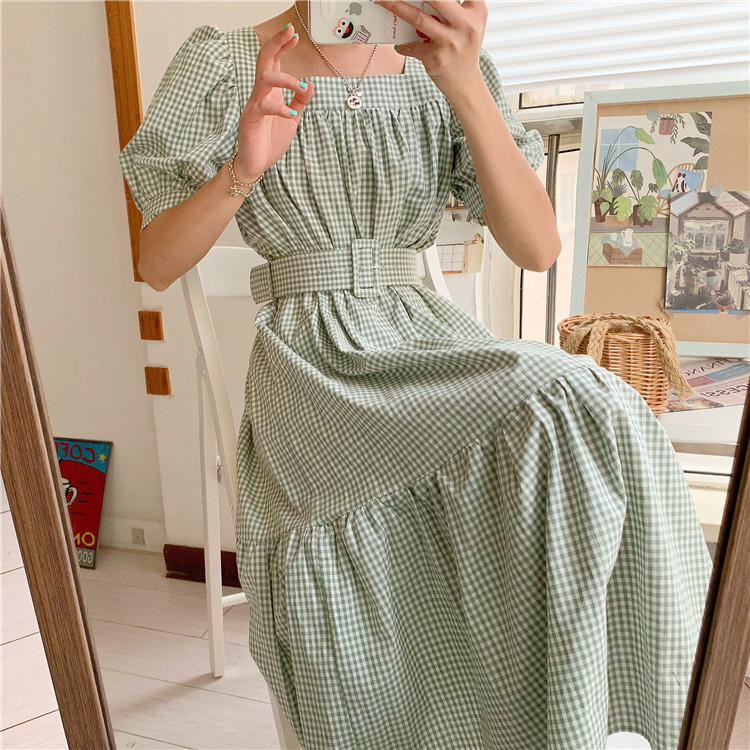 Fashion Vintage Dresses Woman Summer Puff Sleeve Cute Sweet Korea Elegant Square Collar Plaid Casual Party Dress 210518