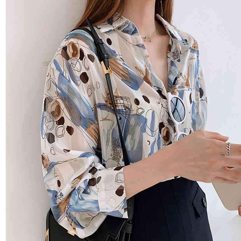 Autumn Plus Size Shirt for Women Ladies Tops Clothes Long Sleeve Vintage Printed Chiffon Cotton Casual Cardigan 10288 210427