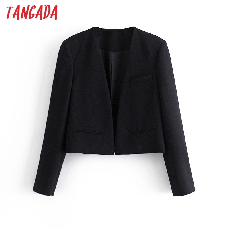 Women Black Crop Blazer Coat Vintage Fashion Female Casual Chic Tops JE89 210416
