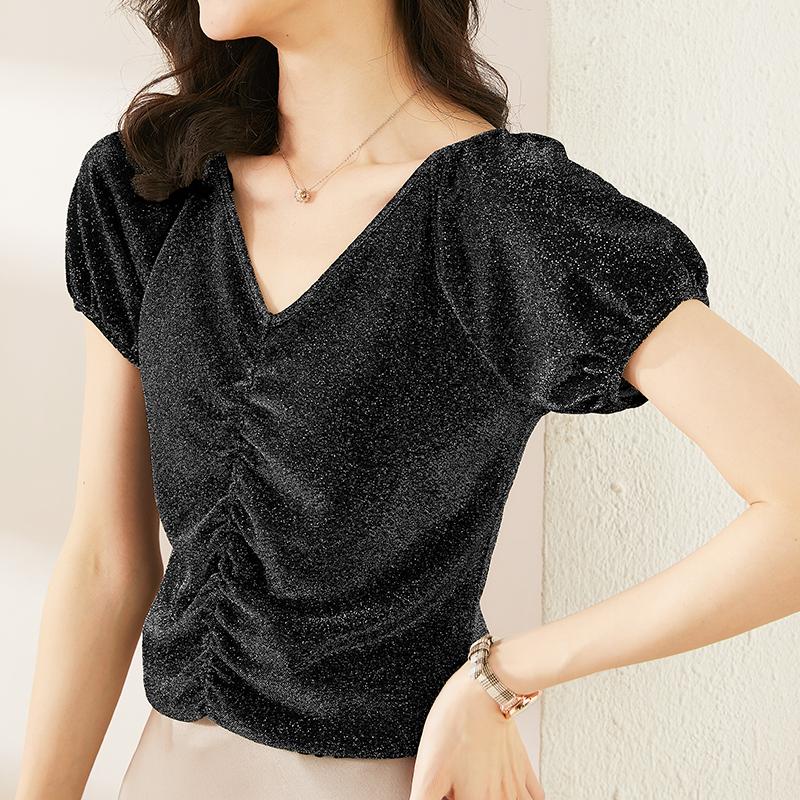 Fashion Bright Silk T-shirt Women's Summer Short Sleeve Half Flash Pleated Yarn Design 2021, Black
Fashion Bright Silk T-shirt Women's Summer Short Sleeve Half Flash Pleated Yarn Design 2021, Black