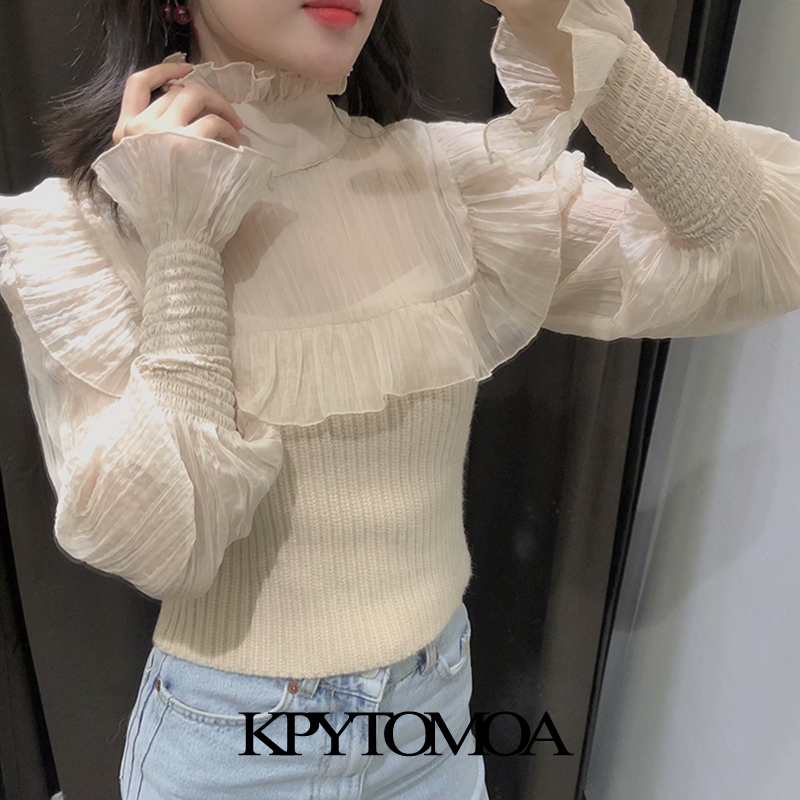 Women Fashion Organza Patchwork Ruffled Knitted Sweater High Neck With Bow Tied Female Shirts Chic Tops 210420