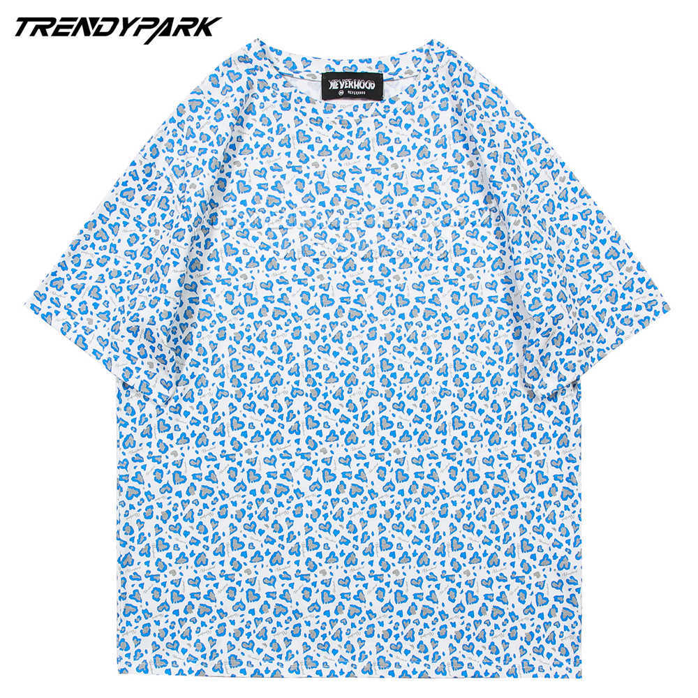 Men's Hip Hop Tshirts Little Hearts Leopard Pattern Short Sleeve Shirts Streetwear Harajuku Casual Cotton T-Shirt Summer Tops 210601
