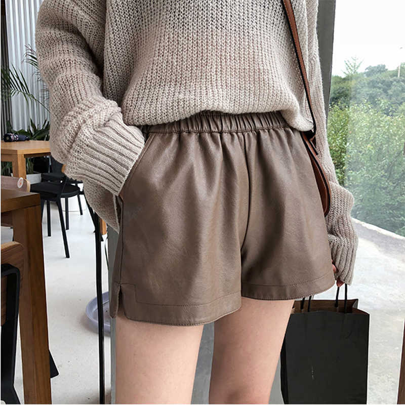 Khaki PU Leather Shorts Women High Quality Wide Leg Faux Waist For Autumn Loose 210714