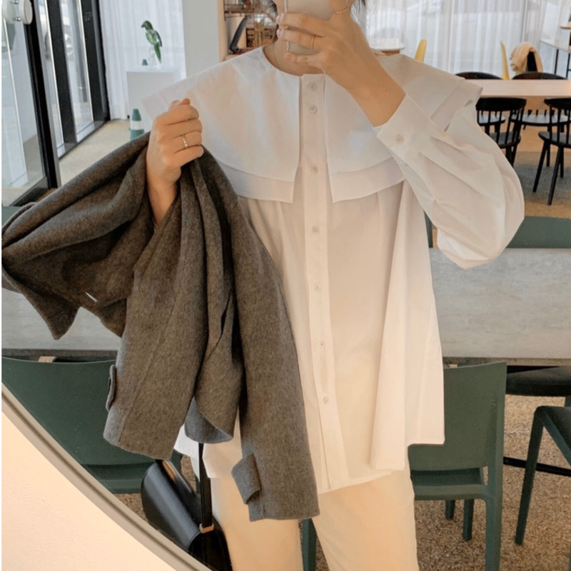 Spring Single Breasted Women's Blouse Long Sleeve Double Peter Pan Collar Pleated Shirt Female 210427