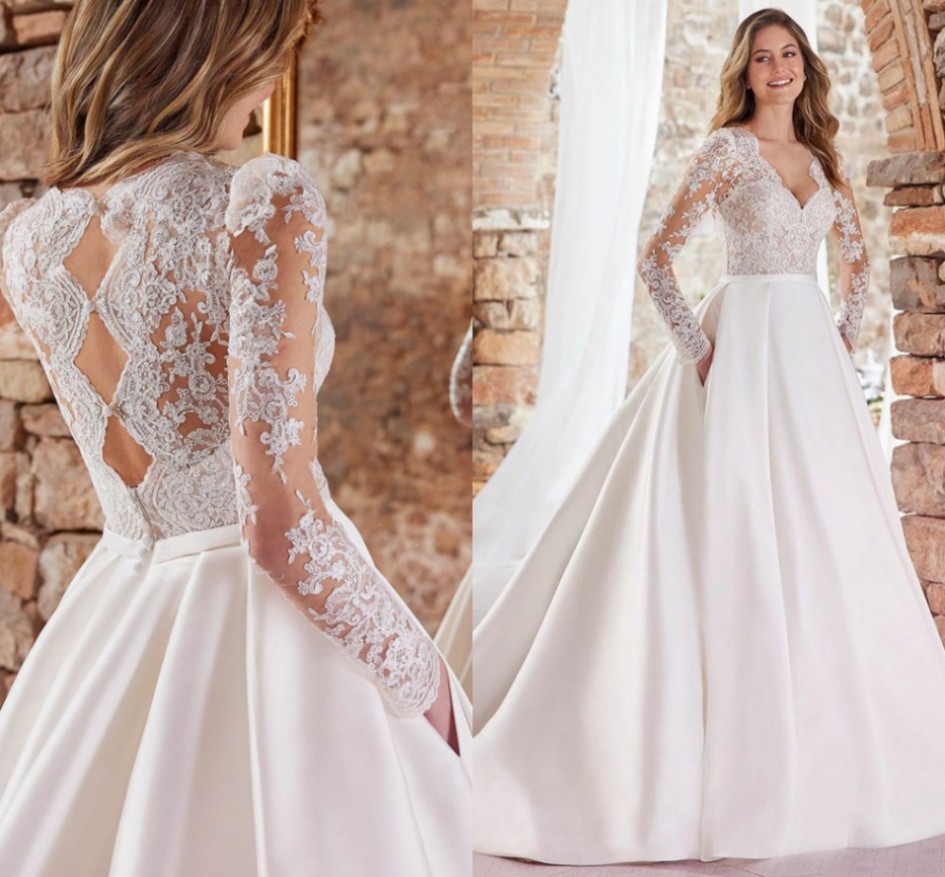 2025 Elegant Women Wedding Dress With Pocket Sexy V Neck Long Sleeves Lace Appliques Bride Dresses Satin Long Bridal Gowns Vestidos de Noiva Robe Mari