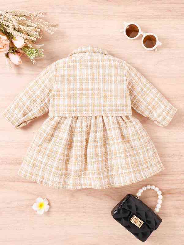 Baby Mock Neck Plaid Tweed Dress & Flap Detail Jacket SHE