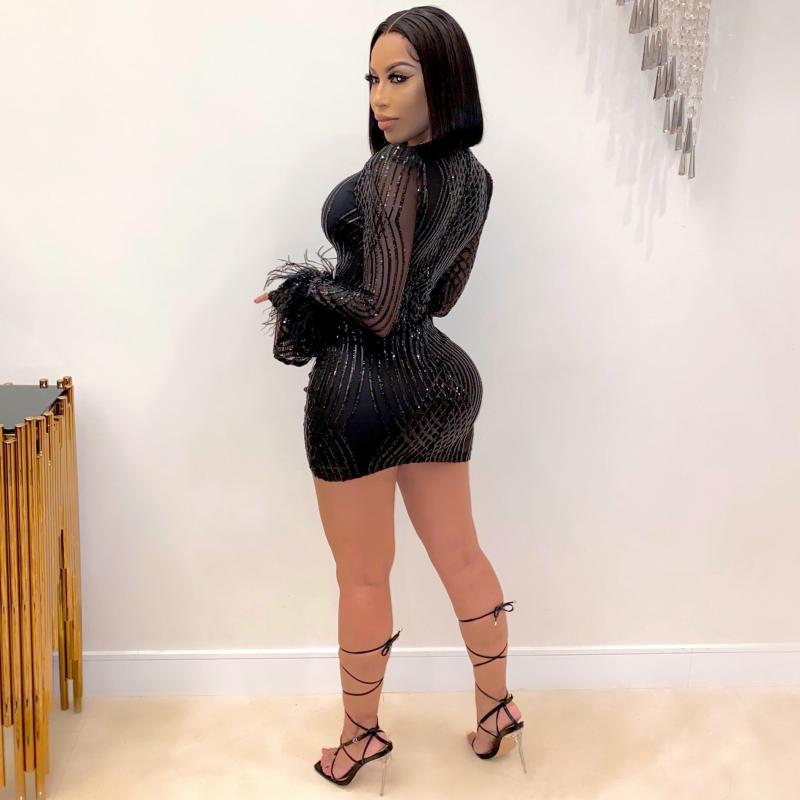 Casual Dresses PLSW Dress Fashion Black Long Sleeve Slim Mesh Sexy Ladies Festival Clothing Birthday For Women Party Evening Night Club