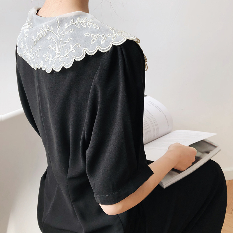 Black Chiffon Dress Women's Summer Lace Peter Pan Collar Waist Short Sleeve Mid-calf Dresses Female Tide 210427