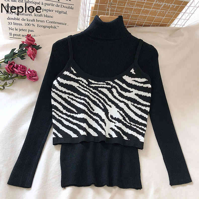 Neploe Two Piece Outfits for Women Korean Fashion All-match Suit Knitted Pullover Zebra Stripe Sling Fall Clothes 2 Piece Set 210422