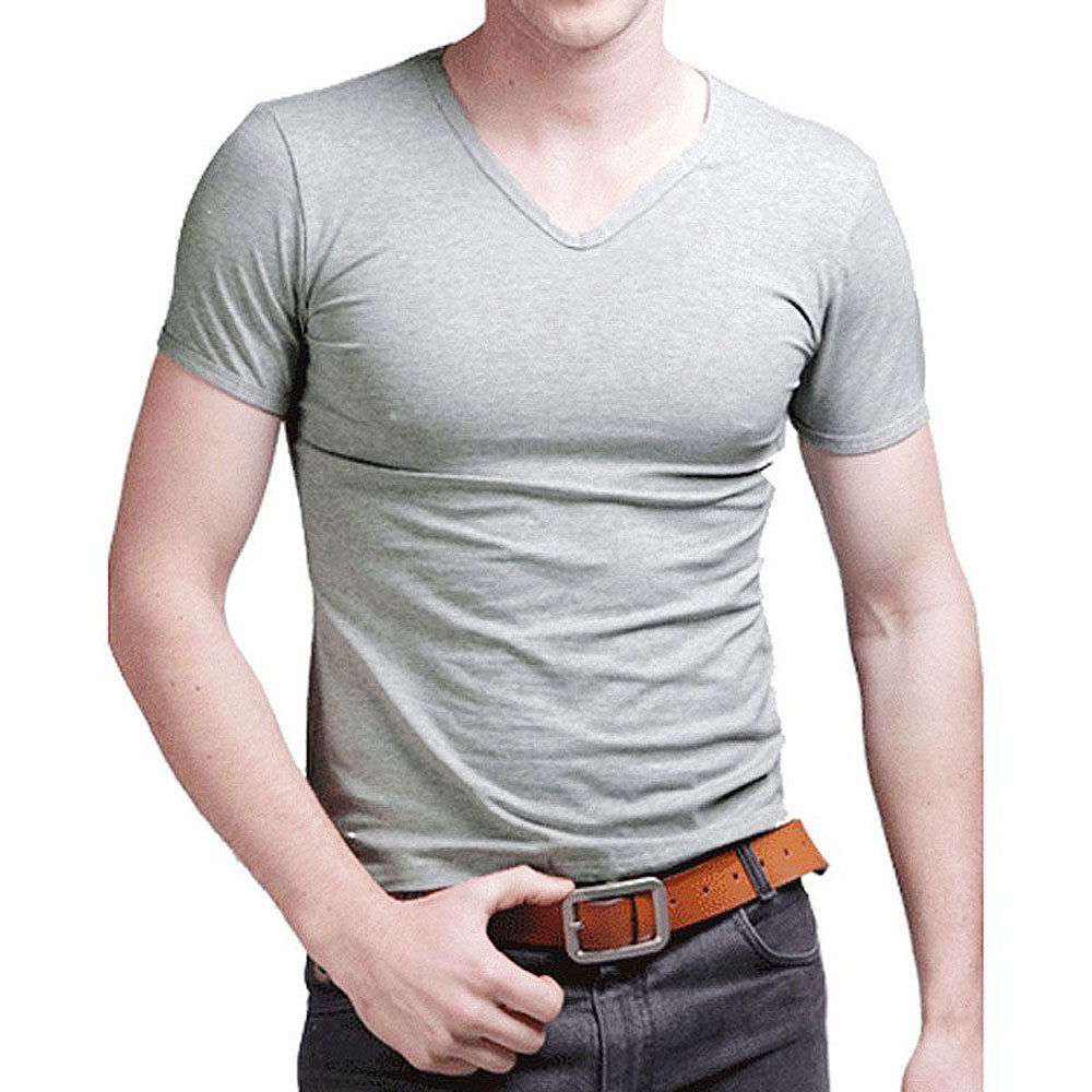 T Shirt Men's Casual Short Sleeve V-neck T-shirts Solid Summer Cotton Black / Gray / Green MYDBSH 210329