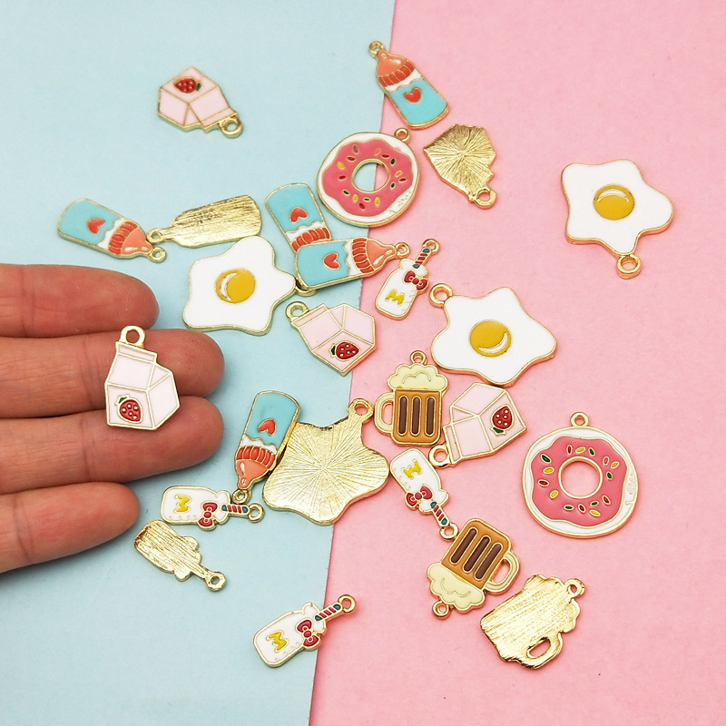 20pcs Enamel Food Omelette Milk Bottle Donut Beer Cup Drip Oil Charms Pendant for Bracelet Earring Jewelry DIY Accessories