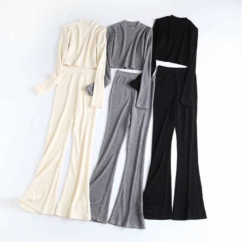 Women High Neck Ribbed Crop Top And Stretch Waist Flare Rrousers Co-ord Korean Sweater Tops + Pants Set QW54 210603