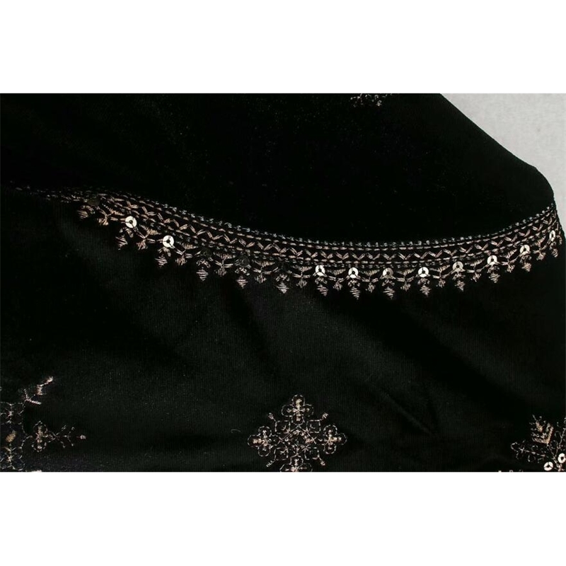 Spring Beading Sequins Embroidery Velvet Jacket Ethnic Women Round Collar Open Stitching Coat Black Outerwear 210429