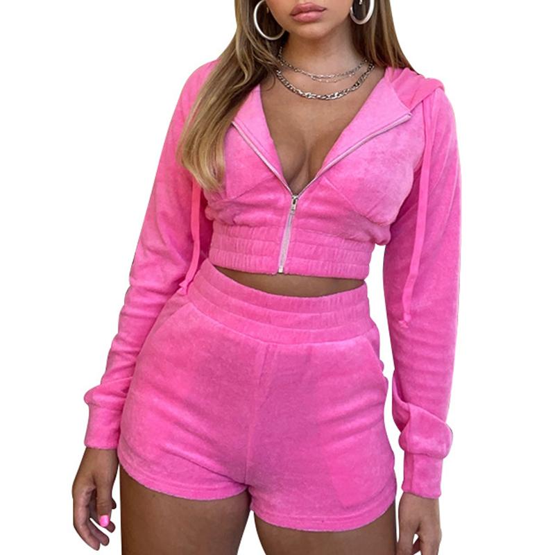 Pcs Women's Solid Color Sporty Casual Sweatsuit Long Sleeve Zipper Sexy Slim Short Hoodies Coat +High Waist Biker Shorts Tracksuits