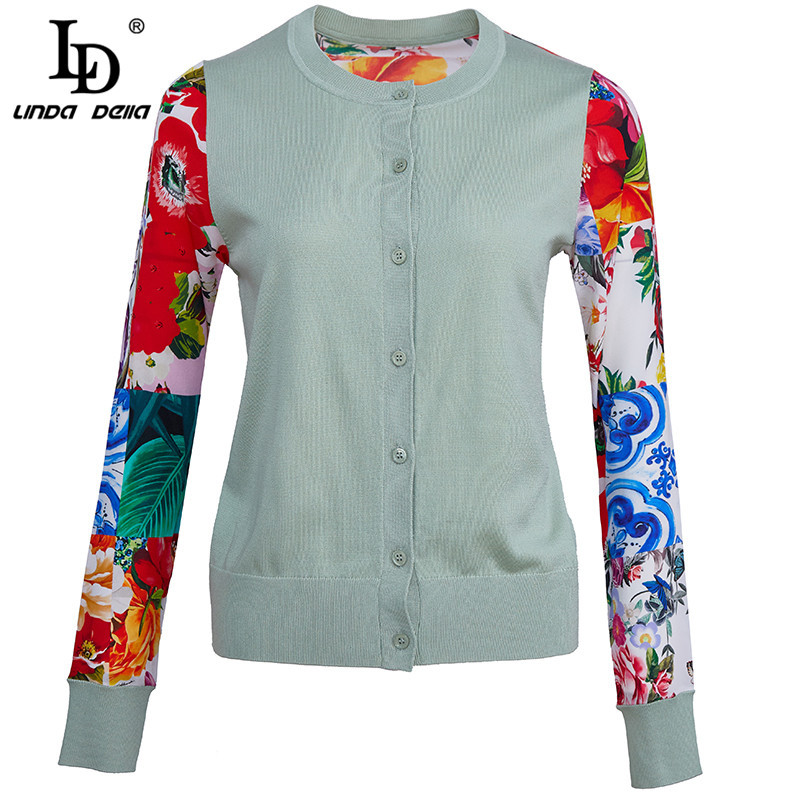 Spring Summer Runway Fashion Cardigan style knitting Tops Women's Long Sleeve Flower Print Silk Sweater 210522