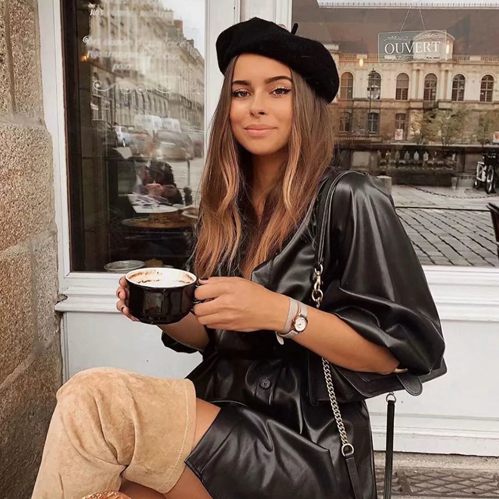 Women Spring Chic Belt Leather Mini Dress Female Buttons Turn-down Collar Dresses Ladies Casual Streetwear Outfit 210520