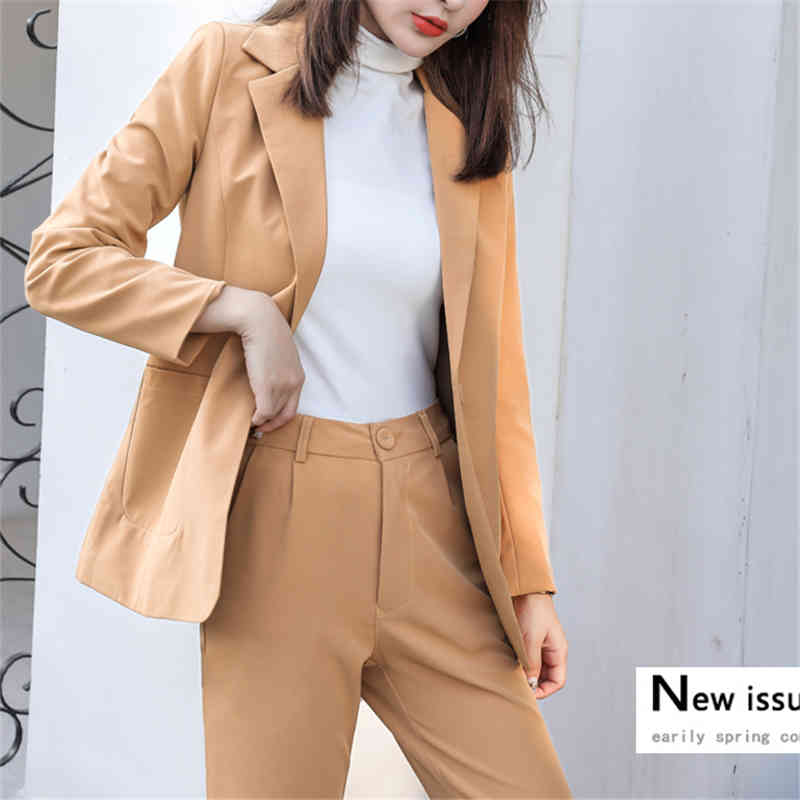 Stylish All Match Office Lady Slim Formal Blazers+High Waist Elegant Straight Pants Suits 2 Piece Sets 210421