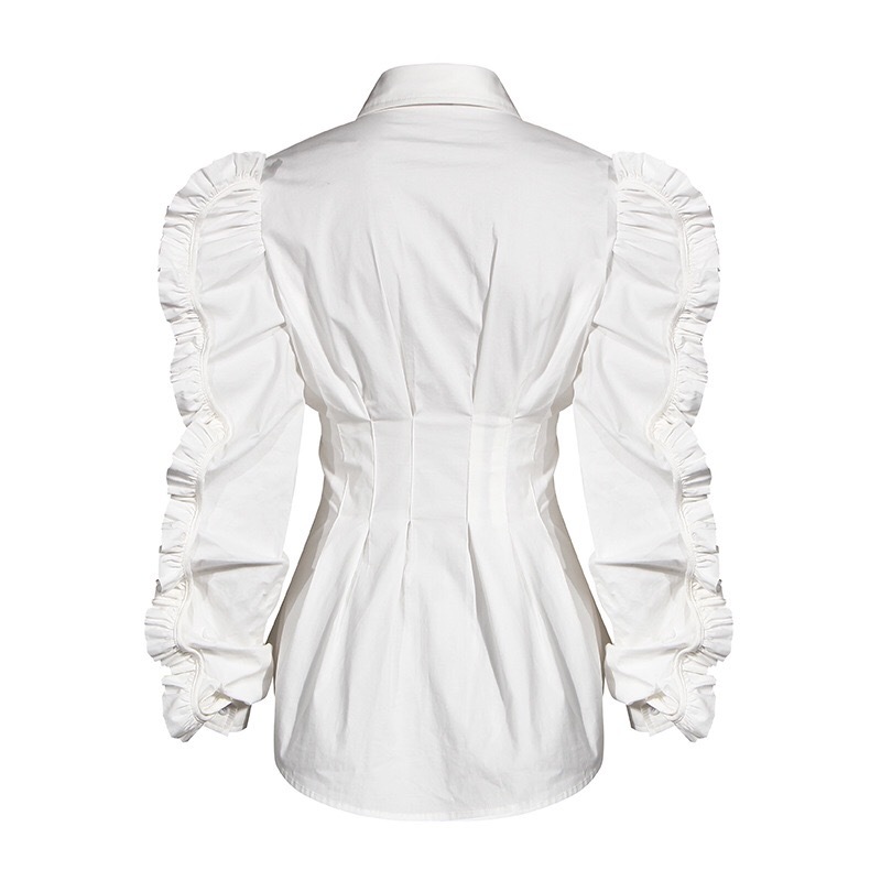High quality Black White Ruffles Long sleeve Woman Shirt Retro Lapel Single-breasted Blouse Causal Ruched Slim Tops Blousas 210429
