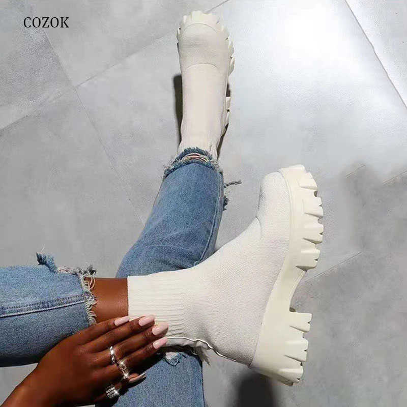 Women Platform Sock Boots 2021 Summer Autumn Ladies Breathable Short Ankle Female Mid Heels Woman Comfort Shoes Plus Size Y0910